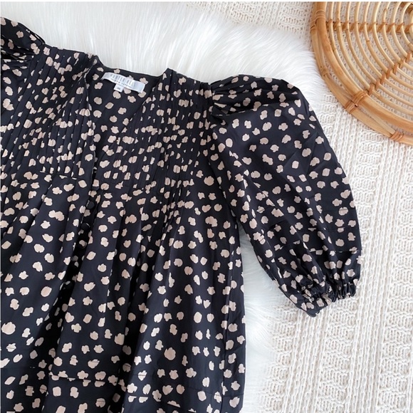 Hunter Bell Jenkins Mini Dress in Desert Poppy Print Puff Sleeves Black Tan Dot - Picture 7 of 14